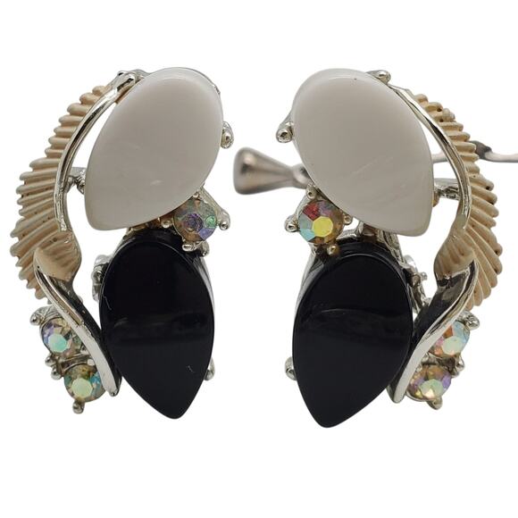 Black White Necklace Bracelet Clip Earrings AB Rhinestone Thermoset Acrylic - Picture 4 of 11